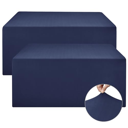 Image of Rectangle Spandex Fitted Tablecloths For Vendor 2 Pcs 72X30 Inch Navy | Wrinkle Resistant Table Covers Protector for 6 Foot Folding Table, Vendor Booths, Parties, Craft Show, Trade Show