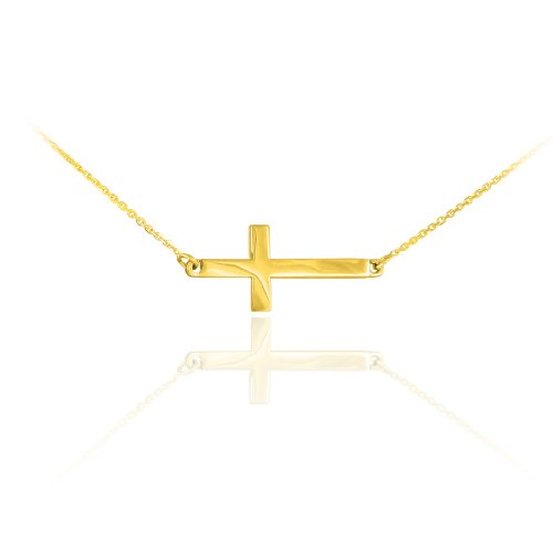 14k Yellow Gold Classic Horizontal/Sideways Cross Necklace on Rolo Chain - 16