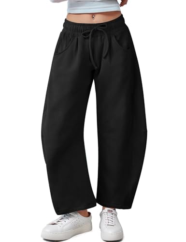 Kissonic Womens Barrel Leg Sweatpants Elastic Waist Drawstring Wide Leg Pants Baggy Lounge Pants with Pockets