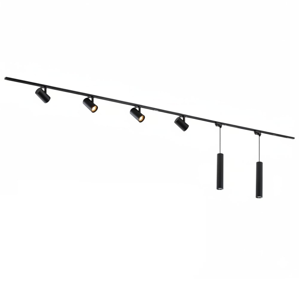 Qub Focus III Monophasé Luminaire Plafonnier LED – 600cm - 4x Viror Mesh Spots & 2x Suspensions - 1x 3m Barre de Spot Plafond – I-Form - Plafonnier intérieur Noir – Spots et Rails de Spots