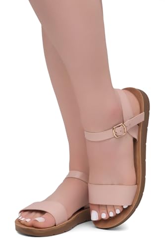 Image of Herstyle Flat Sandals for Women - Open Toe 1 Band Ankle Strap Summer Dressy Sandals, Lightweight Casual Strappy Slip-On Flats with Adjustable Buckle
