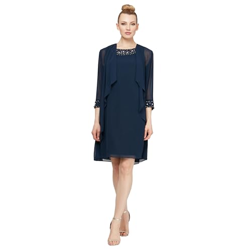 S.L. Fashions Women's Chiffon Tier Jacket Dress with Beaded Neck and Cuffs