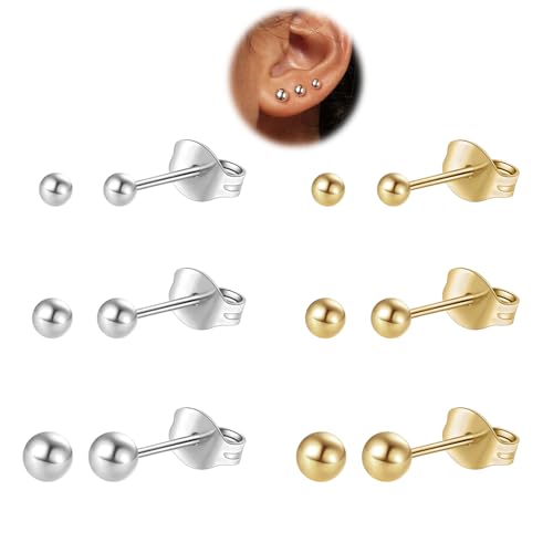 6 Pairs Surgical Steel & 14K Gold Plated Ball Stud Earrings Set, 3/4/5mm Hypoallergenic for Women & Men