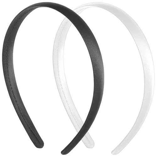 2 diademas de satén para mujeres y niñas, antideslizantes, a la moda, lisas, anchas, bandas elásticas para el cabello, accesorios de disfraces para cosplay, vacaciones, Halloween (negro, blanco, 1,5
