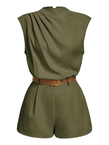 Image of SOLY HUX Women's Summer Ruched Mock Neck Romper Elegant Cap Sleeve Belted Work Short Jumpsuits
