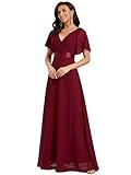Ever-Pretty Vestido Invitada Boda A-línea Vestido de Fiesta Cuello en V Manga Corta Gasa Corte Imperio para Mujer Borgoña 50