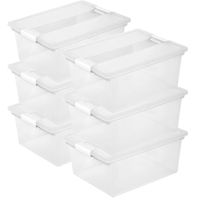 Tribello 6-Pack 12 Qt Stackable Plastic Storage Bins with Lids Clip Box, Organizing Solution for Crafts, Supplies and Office Items (White)