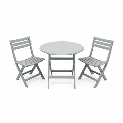 Alivio 3-Piece Folding Bistro Table and Chairs Set Foldable Space-Saving Patio Furniture Set with Round Table and 2 Chairs Durable Indoor Outdoor Balcony Garden Cafe Dining Set (Grey)