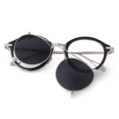 ADE WU Clip on Sunglasses for Men Vintage Round Metal Steampunk Style Glasses Removeable Double Lense Goggles