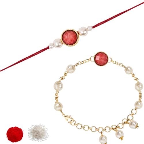 Image of I Jewels Designer Kundan Pearl beaded Bhaiya Bhabhi Lumba Rakhi Bracelet Combo Set With Roli Chawal & Rakshabandhan Greeting Card