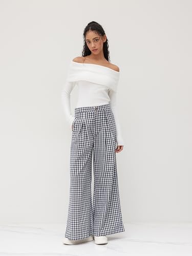 CIDER Wide Leg Pants High Waist Gingham Trousers Women Plaid Pants Casual Pants with Pockets4