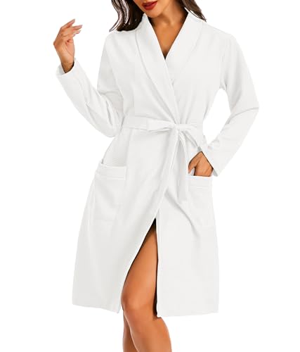 Lovasy Albornoz Corto Mujer con Cuello Solapa y Manga Larga Tejido Gofre Nido Abeja Respirable Cinturón Ajustable y Bolsillos,Blanco,M