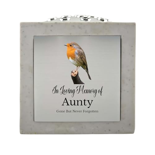 In Loving Memory Of Memorial Rose Bowl Grave Marker Flower Pot Vase With Robin Design Mum Dad Grandad & Lots More White/Silver (UV PRINTED) (Aunty)