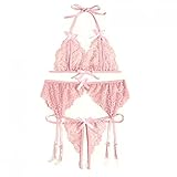JISHII Dessous-Sets für Damen Einfarbig Stickerei Spitze Hosenträger Triangel-Bralette-BH mit Undichtes Gesäß Tief Sitzender String Strumpfhalter Schleife Lace up Verführerisch Erotische Reizwäsche