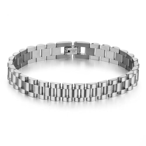 JSNOM Bracelet homme en acier argenté : bracelets cubain en acier inoxydable, largeur 8/10/12 mm, cadeaux bracelet petit ami papa homme (argent-8 mm), 20cm, Acier inoxydable, Pas de gemme