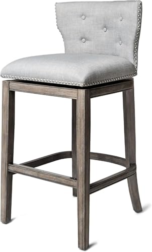 Butaco Maven Lane Hugo, acabado en roble recuperado, gris ceniza, 31" | Butaco de bar con respaldo bajo acolchado y botones, giro de 180 grados con memoria de retorno, madera dura secada al horno con asiento acolchado de espuma