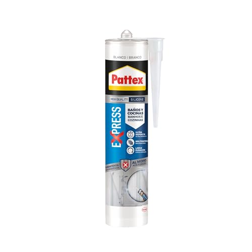 Pattex Express Baños y Cocinas (1 x 280 ml), silicona impermeable resistente al moho, silicona blanca de secado rápido para cocina y baño, silicona para juntas duradera