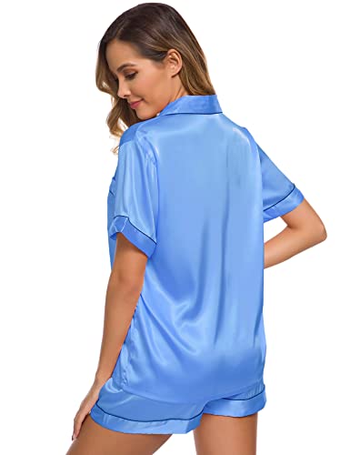 Image of SWOMOG Womens Silk Satin Pajamas Set Short Sleeve Sleepwear Button Down Top and Shorts Loungewear 2 Piece Pjs Set XS-3XL
