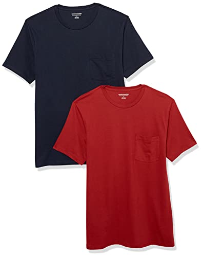 Amazon Essentials Men's T-Shirts, Short-Sleeve Crewneck Pocket, Cotton, 2-Pack, X-Small, Navy/Dark Red