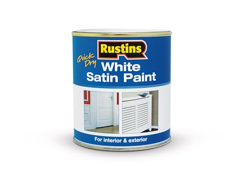 Rustins Quick Dry White Satin Paint Water-Based Low Odour Paint for Wood & Metal Surfaces Quick Drying Hard-Wearing Satin Finish 250ml 500ml & 1L