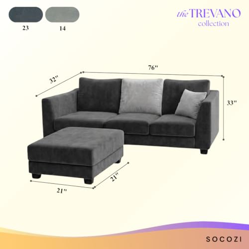 Image of SOCOZI Trevano 4 Seater L Shape Sofa Set with Movable Ottoman | Flexible Left or Right Layout | Soft Velvet Suede Fabric | Modern Design | Plush Comfort Cushions for Living Room (Dark Gray-Light Gray)