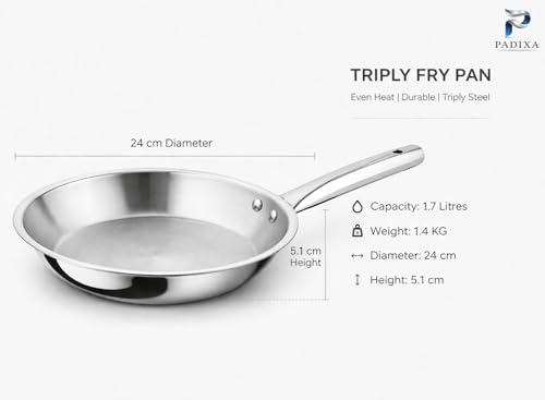 Image of Tri-Ply Stainless Steel Frying Pan with Lid 24cm | Triply Construction with Aluminium Core, Heavy Duty Skillet with Glass Lid, Riveted Handle, Induction Compatible (1.7 LTR)