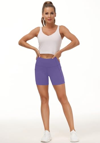 Image of THE GYM PEOPLE High Waist Yoga Shorts for Women's Tummy Control Fitness Athletic Workout Running Shorts with Deep Pockets