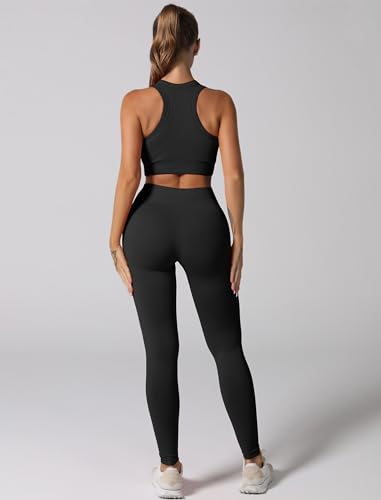 Image of Workout Sets for Women 2 Piece Seamless Ribbed Tank Top Sport Bra High Waist Biker Shorts GYM Yoga Exercise Outfits