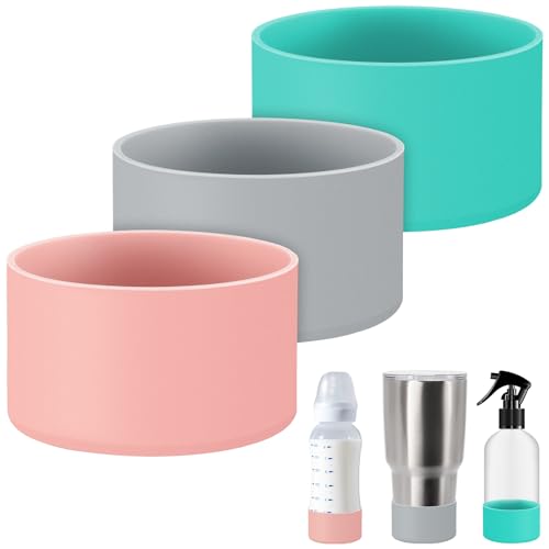 Honeydak 3 Pieces Silicone Sleeve Silicone Bottle Boot Bottom Base Accessories for 16 oz Spray Anti Slip Cosmetic Cover Washable Rubber Bottom Base for 12 to 24 oz Water Bottles(Pink, Blue, Grey)