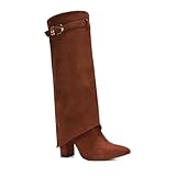 ESSEX GLAM Women's Fold Over Knee High Boots Ladies Brown Faux Suede Pointed Toe Buckle Block Heel Size 4