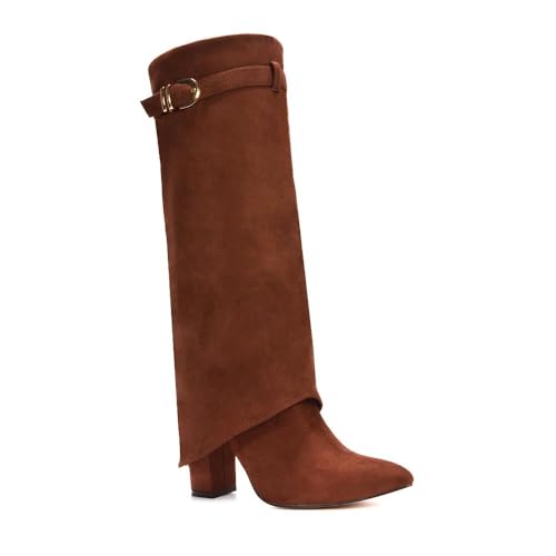 ESSEX GLAM Womens Fold Over Knee High Boots Ladies Brown Faux Suede Pointed Toe Buckle Block Heel Size 5