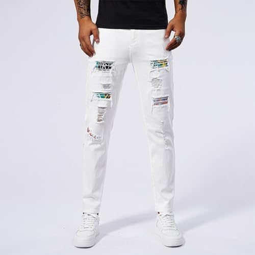 Jeans Pants Trousers Denim White Street Trendy Stretch Slim Fit Piercing Wear and Tear Out Tassel Edge Worn Hole Printed Casual Straight Leg for Men(White,33)2