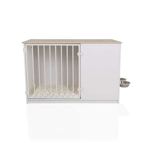 hjh LIVING Hundebox für Zuhause, 102x60x65,5 cm PAWHOME XL Hundekäfig inkl. Edelstahlnäpfe, Hundehaus mit Tür bis 30kg belastbar, Weiß/Eiche
