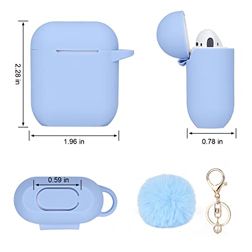 Sky Blue Women Cute Case Designed For Airpods Cover With Pom Pom, Silicone Protective Keychain Case Compatible With Airpods 1/2, Accessories Keychain And Pom Pom #TOP5