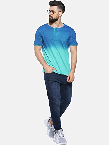 Image of CAHOOT Men's Blue and Mint Ombre Henley Neck Short Sleeve Regular Fit T Shirt for Regular Wear