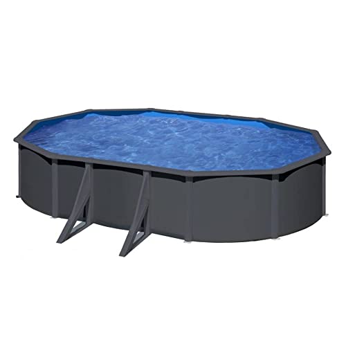 Gre Pools Piscine Ovale Acier 5,27m x 3,27m x H: 1,32m - Gris Anthracite - Filtration à Sable - Renforts apparents