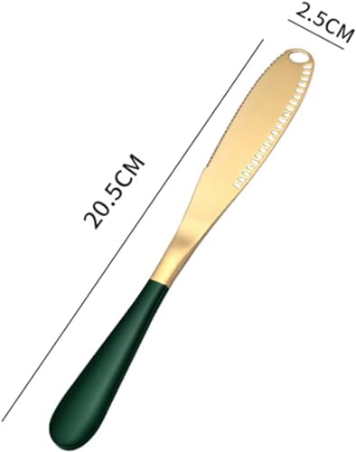 Image of Butter Spreader Knife, Stainless Steel, 3 in 1 Kitchen Gadgets, Curler, Butter Grater, Shredding Slots and with Serrated Edge Knife with Hole(Gold-Green, Set of 1)