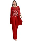 Formal Pant Suits for Women Evening Party Womens Wedding Guest Pantsuit Red 3 Pieces Suit Women for Wedding US24W