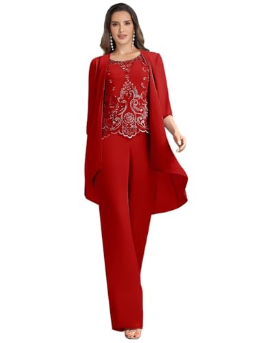 Formal Pant Suits for Women Evening Party Womens Wedding Guest Pantsuit Red 3 Pieces Suit Women for Wedding US24W