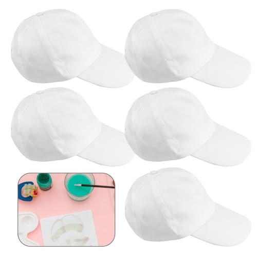 HASLED Baseball Caps Weiß, 5 Stück hut Reine Baumwolle DIY Graffiti Kappe, Baseball Caps für Herren mit Verstellschnalle, Wird für Kunstpartys und Eltern Kind Interaktion Verwendet