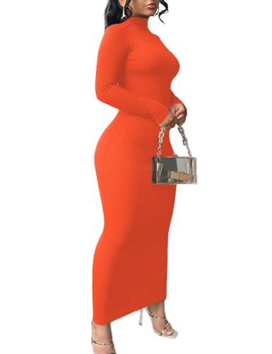 Nimsruc Women Sexy Bodycon Maxi Dress Casual Long Sleeve Mid Neck Long Dresses Sundress Orange XL