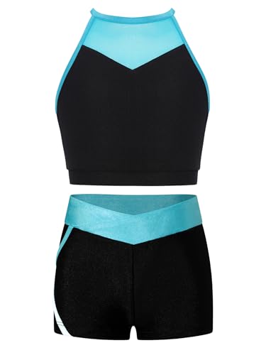 Kids Girls 2 Piece Workout Outfit Set Cutout Back Crop Tank Top With Booty Shorts For Sport Light Blue 6 Years