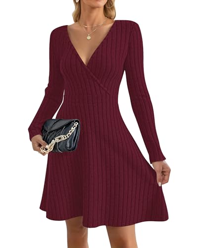 AUSELILY Strickkleid Damen Herbst Leichte Langarm V-Ausschnitt Winterkleid A Linie Elegant Herbstkleid Knielang Kleid Midi Pulloverkleid Tunikakleid Weinrot M