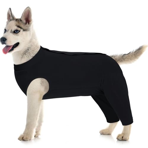 Kuoser Dog Surgery Suit Female Spay Male Neuter, Dog Leg Sleeve to Stop Licking Soft Dog Onesie for Abdominal Wound, Dog Recovery Suit Rear Leg Sleeves Pet Elbow Brace Protector, Black L Lar