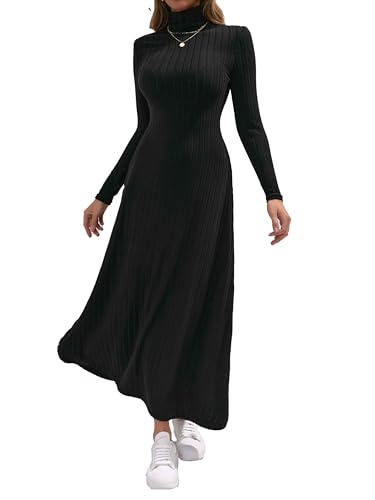Women's Ribbed Knit Turtleneck Maxi Dress, Black, Long Sleeve, Fitted Silhouette with...