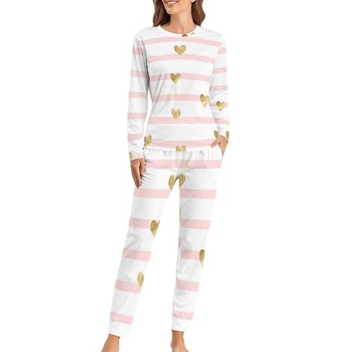 Pyjama femme cœurs dorés rayés avec t-shirt manches longues et pantalon
