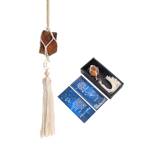 Image of Runyangshi Healing Crystal Car Rear View Mirrors Hanging Ornaments Hand Woven Interior 12 Constellations-Taurus Tiger's Eye Natural Crystal Raw Stone Protection Reiki Home Decor Gift