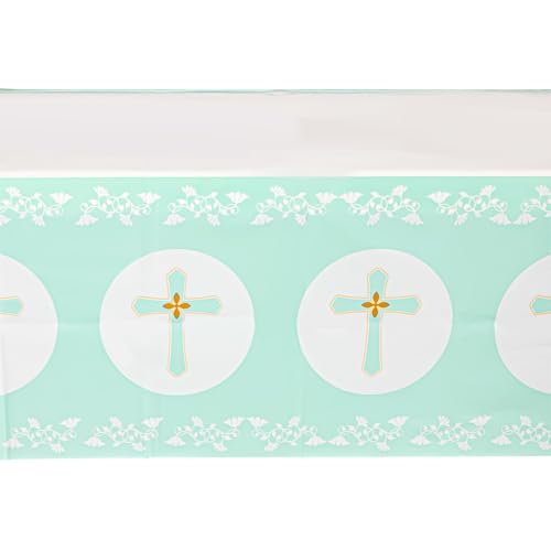 Image of BLUE PANDA 3-Pack Disposable Plastic First Communion Table Cloth - 54 x 108 in White Rectangular Pleated Plastic Cover - Spill Protection & Easy Cleanup - Religious Baptism Decorations