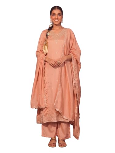Image of Naixa Women's Vichitra Silk Embroidered A-Line Kurta with Pant and Dupatta Sets (NX-845)
