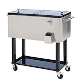 Outsunny 80 QT Rolling Cooling Bins Ice Chest on Wheels Outdoor Stand Up Drink Cooler Cart for Party, Stainless Steel